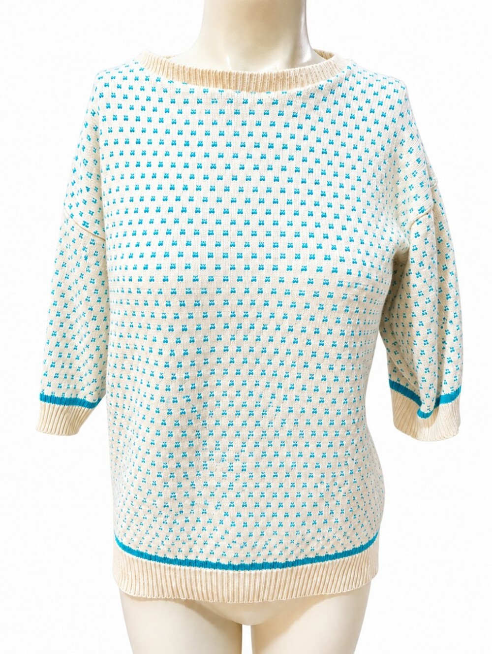 Vintage Spunky USA 100% Cotton Sweater Women's White Blue Dot Knit 3/4 Sleeve